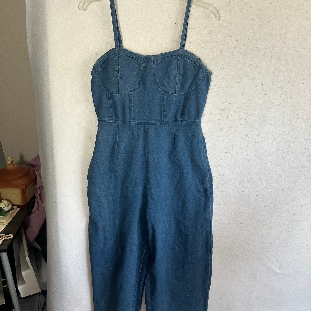Derek Heart Denim Jumpsuit Medium Wash Sweetheart Bustier Wide Leg Cropped M